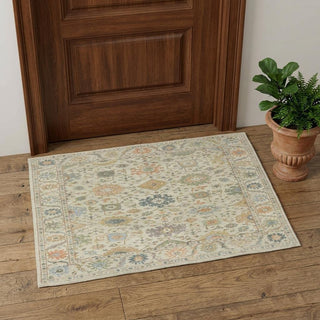 Home Outfitters 2' X 3' Beige And Green Wool Oriental Hand Knotted Area Rug With Fringe