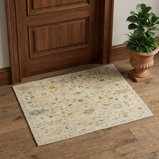 Home Outfitters 2' X 3' Beige Blue And Yellow Wool Oriental Hand Knotted Area Rug With Fringe