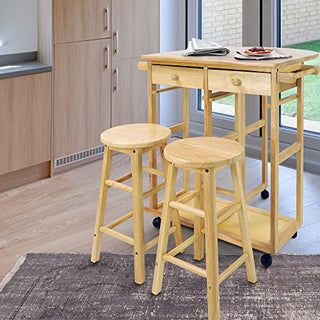 Casual Home Drop Leaf Breakfast Cart with 2 Stools-Natural