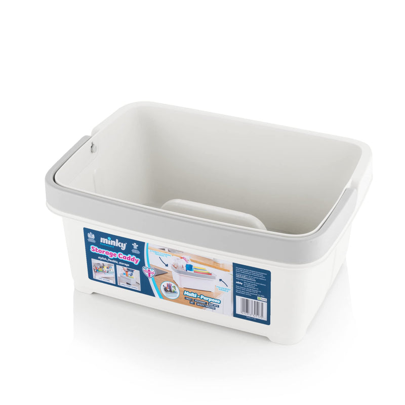 Minky Large Storage Caddy - Easy to Clean Plastic Storage Bin with Foldaway Handle - Perfect for Cleaning, Crafts, Baby Items, DIY - Great for Pantry, Fridge & Organization - Made in UK (White)