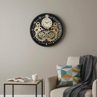  18" Black Gold And White Iron Silent Skeleton Exposed Gear Round Wall Clock - front product view