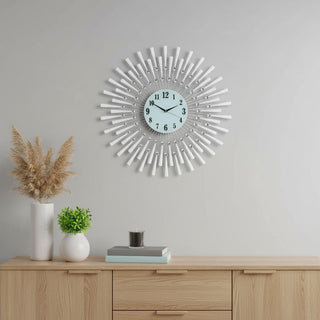  28" Silver And White Silent Analog Sunburst Wall Clock - front product view