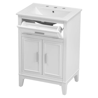 24" Bathroom Vanity with Sink, Bathroom Vanity Cabinet with One Flip Drawer and Doors, Solid Wood and MDF, White