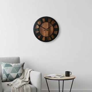  14" Black And Brown Solid Wood Silent Analog Round Wall Clock - front product view