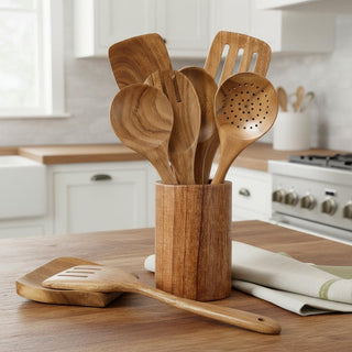 Set of Nine Natural Solid Wood Cooking Utensils With Crock by HomeRoots