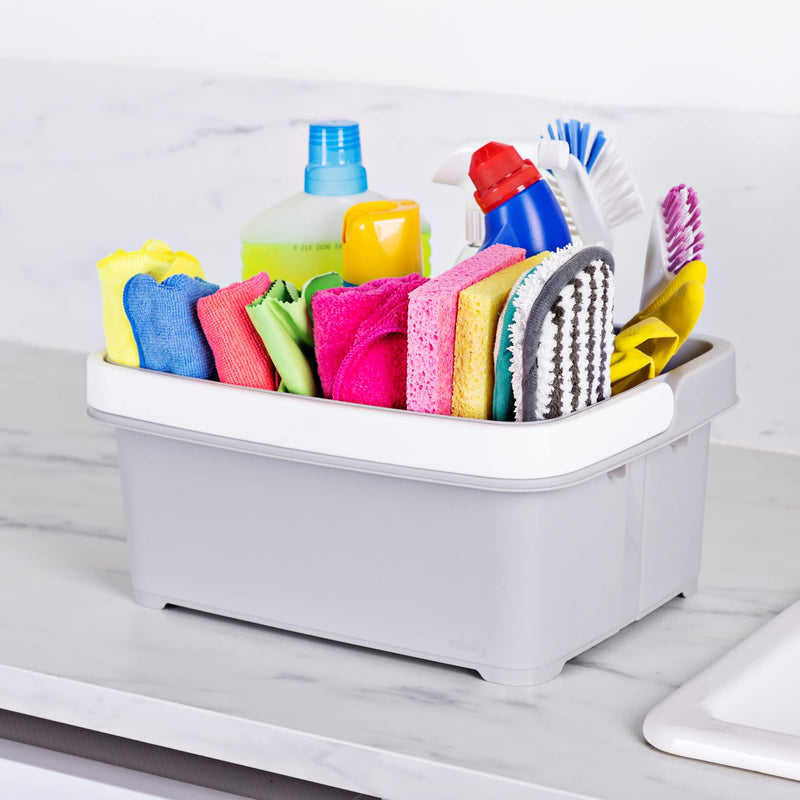 Minky Large Storage Caddy - Easy to Clean Plastic Storage Bin with Foldaway Handle For Cleaning, Crafts, Baby Items, DIY - Great for Pantry, Fridge & Organization - Made in the UK (Light Grey)