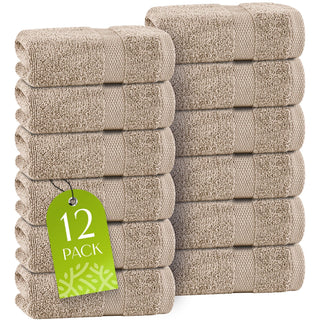 White Classic Taupe Washcloths Set 12 Pack for Body and Face Towel 12x12 Inch Cotton Wash Cloths Bulk Spa Fingertip Wash Clothes Soft Absorbent Gym Towels