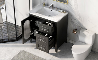 30" Bathroom Vanity with Sink, Bathroom Vanity Cabinet with Two Drawers and Door, Adjustable Shelf, Solid Wood and MDF, Black