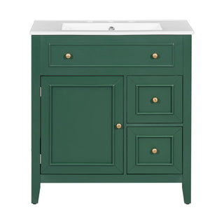 30" Bathroom Vanity with Sink Top, Bathroom Vanity Cabinet with Door and Two Drawers, Solid Wood Frame, One Package, Green