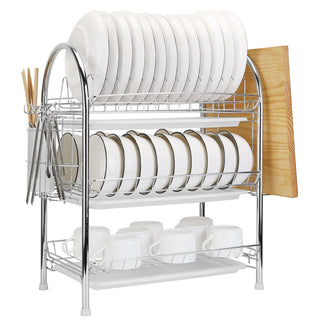 3-Tier Dish Drying Rack Dish Drainer Shelf w/ 3 Drain Trays Chopping Board Rack Utensil Rack Chopsticks Holder
