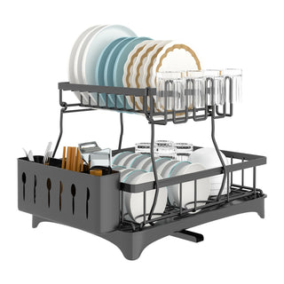 2-Tier Dish Drying Rack with Detachable Drainboard, Utensil Holder, Cup Rack & Swivel Spout