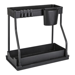 2 Pack 2-Tier Under Sink Organizer L-Shape Sliding Cabinet Organizers Storage Shelves with 8 Removable Hooks 2 Hanging Cups