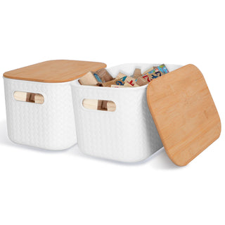 2Pcs Storage Bins with Bamboo Lids Stackable Plastic Storage Container with Handle Storage Box Accessories Holder