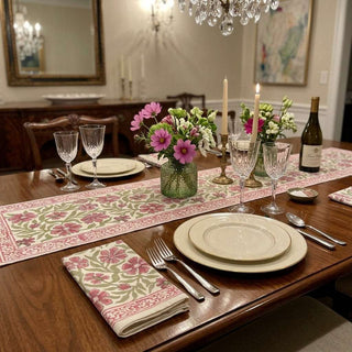 Dusty Rose & Sage Green Floral  Hand Block Printed Table 13 Pieces Linen Set