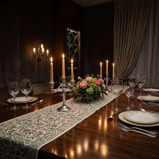 Hand Block Printed Cotton Emerald Green & Pink All-Over 13 Pieces Floral Table Linen Set
