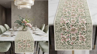 Hand Block Printed Cotton Emerald Green & Pink All-Over 13 Pieces Floral Table Linen Set