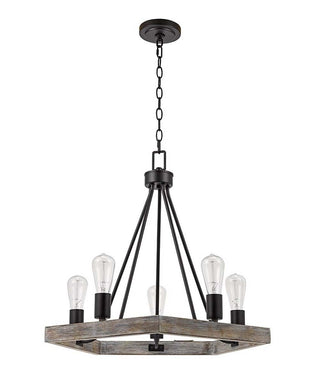 Catalina 24"W 5-Light Country Rustic Pentagon Tray Chandelier, Faux Wood Finish with Matte Black Accents