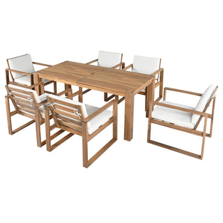 Acacia Outdoor Dining Set with Cushions and Umbrella Hole - Beige