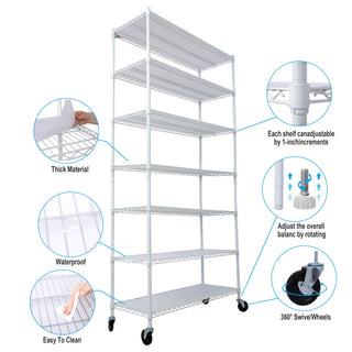 7 Tier Metal Storage Shelf with Adjustable Wire Shelving - Black, White or Pearl Silver