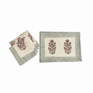 Hand Block Printed Cotton Burgundy & Charcoal Floral Bouquet 13 Pieces Table Linen Set