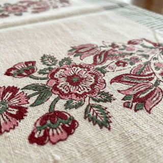 Hand Block Printed Cotton Burgundy & Charcoal Floral Bouquet 13 Pieces Table Linen Set
