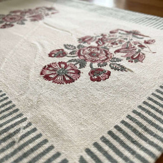 Hand Block Printed Cotton Burgundy & Charcoal Floral Bouquet 13 Pieces Table Linen Set