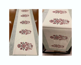 Hand Block Printed Cotton Burgundy & Charcoal Floral Bouquet 13 Pieces Table Linen Set