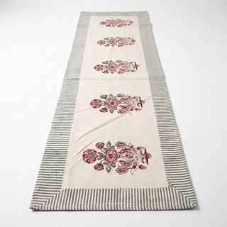 Hand Block Printed Cotton Burgundy & Charcoal Floral Bouquet 13 Pieces Table Linen Set