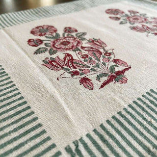 Hand Block Printed Cotton Burgundy & Charcoal Floral Bouquet 13 Pieces Table Linen Set