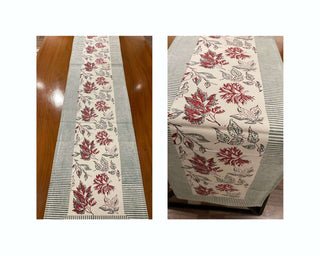 Burgundy & Slate Blue Autumn Leaf Table Linen Set – 13 Piece | Hand Block Printed Cotton | Runner, Placemats & Napkins