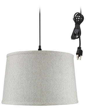 14"W 1 Light Swag Plug-In Pendant Shallow Drum Textured Oatmeal Shade Black Cord