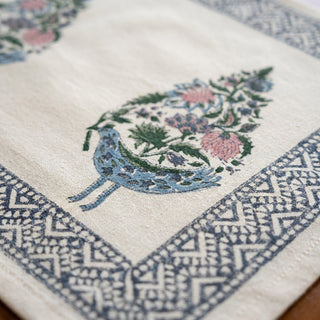 Hand Block Printed Cotton Dusty Blue & Rose Bird Motif 13 pieces Table Linen Set
