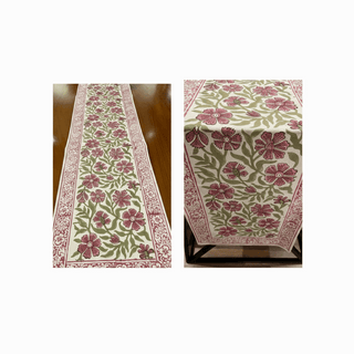Dusty Rose & Sage Green Floral  Hand Block Printed Table 13 Pieces Linen Set