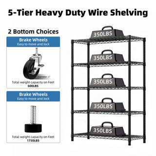 5-Shelf Heavy Duty Metal Storage Shelving Unit with Adjustable Shelves - Carbon Steel