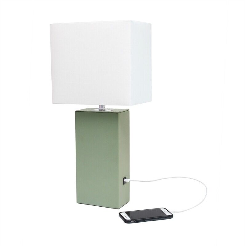 Lalia Home Lexington 21" Leather Base Modern Home Décor Bedside Table Lamp with USB Charging Port for Living Room, Bedroom, Entryway, Foyer, or Office with White Rectangular Fabric Shade, Sage Green