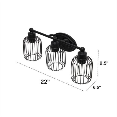 Lalia Home Ironhouse Three Light Industrial Decorative Cage Vanity Uplight Downlight Wall Mounted Fixture for Home Décor, Bathroom, Entryway, Hallway, Black