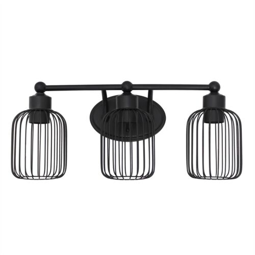 Lalia Home Ironhouse Three Light Industrial Decorative Cage Vanity Uplight Downlight Wall Mounted Fixture for Home Décor, Bathroom, Entryway, Hallway, Black
