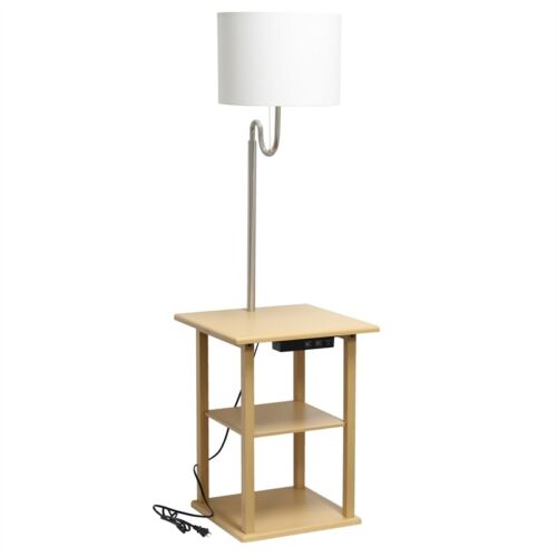 Simple Designs 57" Modern 2 Tier End Table Floor Lamp Combination with 2 x USB Charging Ports & Power Outlet with White Drum Fabric Shade for Bedroom, Living Room, Office, Dorm, Dining Room