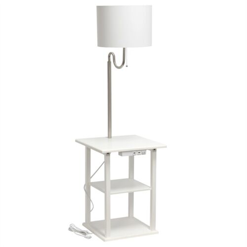 Simple Designs 57" Modern 2 Tier End Table Floor Lamp Combination with 2 x USB Charging Ports & Power Outlet with White Drum Fabric Shade for Bedroom, Living Room, Office, Dorm, Dining Room