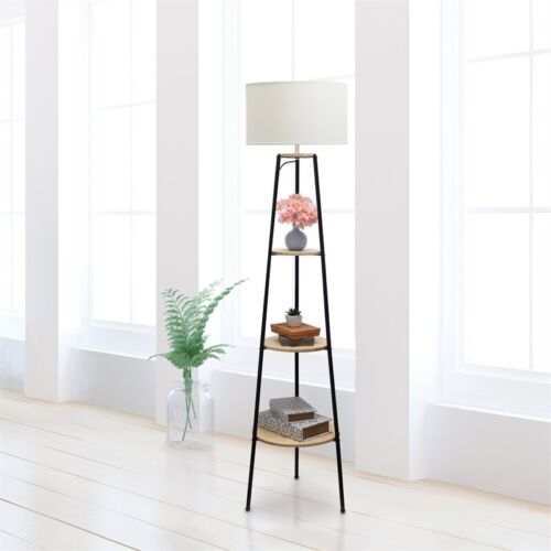 Simple Designs 62.5" Tall Modern Tripod 3 Tier Shelf Standing Floor Lamp with White Drum Fabric Shade for Home Décor, Living Room, Bedroom, Dining Room, Office