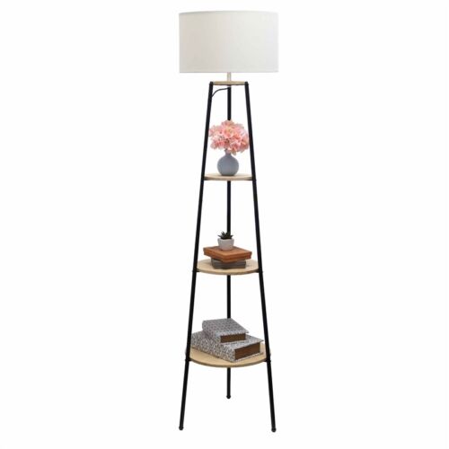 Simple Designs 62.5" Tall Modern Tripod 3 Tier Shelf Standing Floor Lamp with White Drum Fabric Shade for Home Décor, Living Room, Bedroom, Dining Room, Office