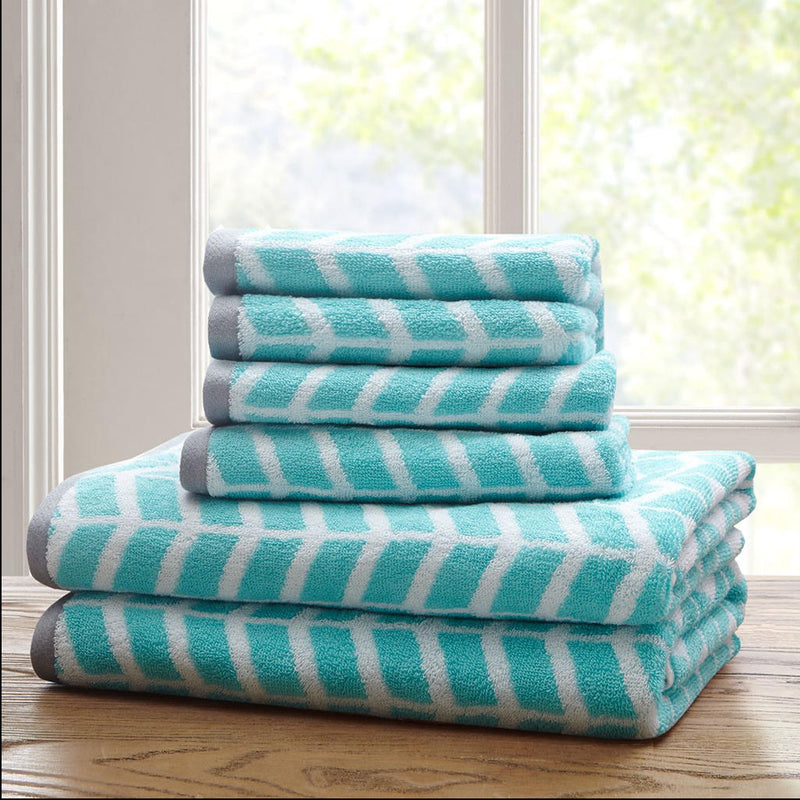 Home Outfitters Aqua 100% Cotton Jacquard 6pcs Bath Towel Set , Absorbent, Bathroom Spa Towel, Casual