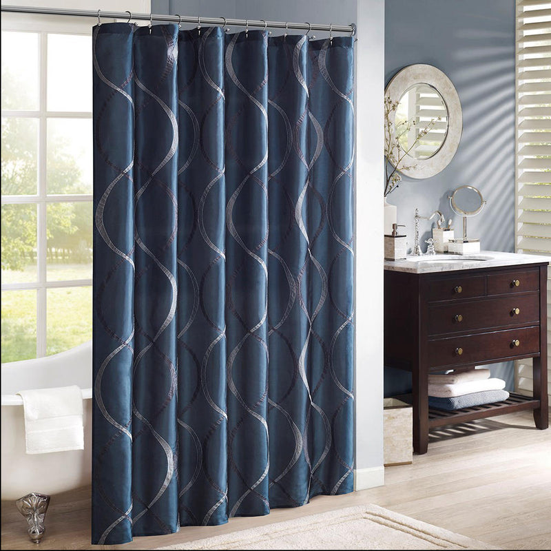 Home Outfitters Navy  Taffeta Embroidered Shower Curtain 72x72", Shower Curtain for Bathrooms, Traditional