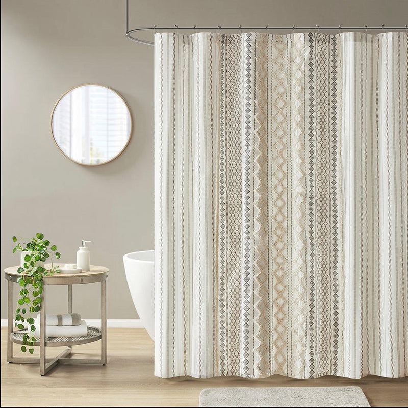 Home Outfitters Ivory 100% Cotton Printed Shower Curtain with Chenille 72" W x 72" L, Shower Curtain for Bathrooms, Mid-Century