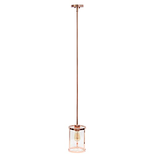 Lalia Home 1-Light 9.25" Modern Farmhouse Adjustable Hanging Cylindrical Clear Glass Pendant Fixture with Metal Accents, Rose Gold