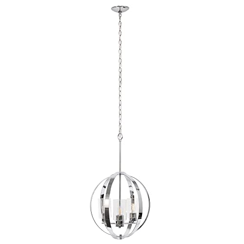 Lalia Home 3-Light 18" Adjustable Industrial Globe Hanging Metal and Clear Glass Ceiling Pendant, Chrome