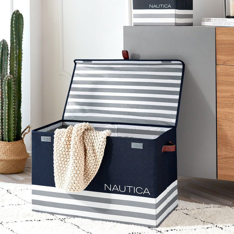 Home Outfitters Folded Large Storage Trunk W/ Lid, Navy Stripe