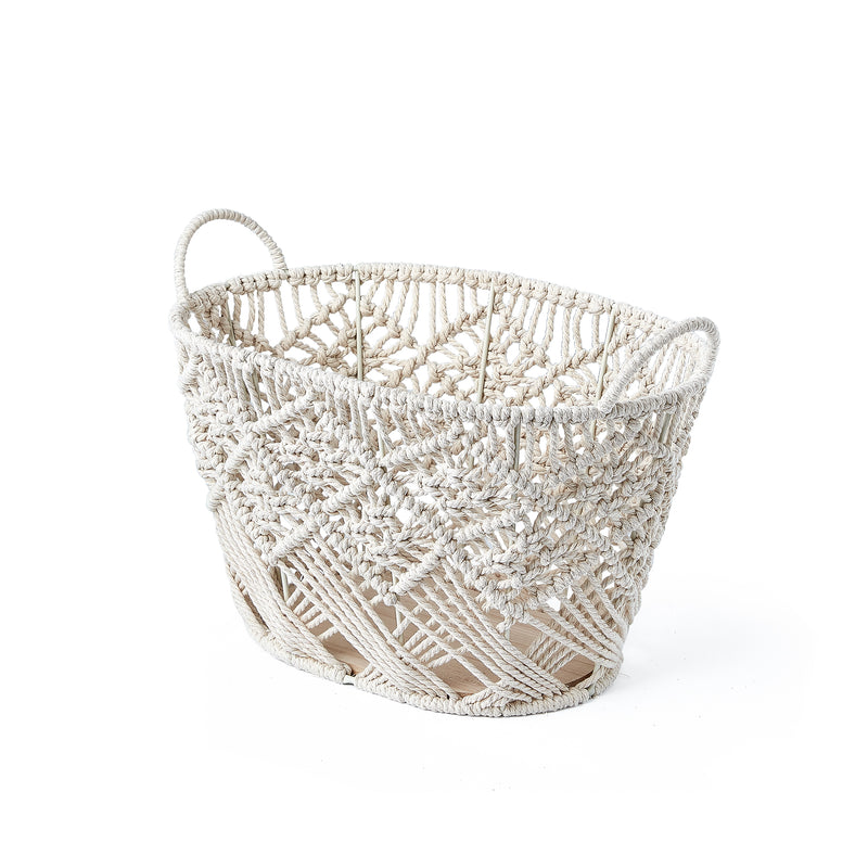 Home Outfitters S/3 Macrame Oval Cotton Rope Storage Bins W/ Ear Handles And Wood Base, White