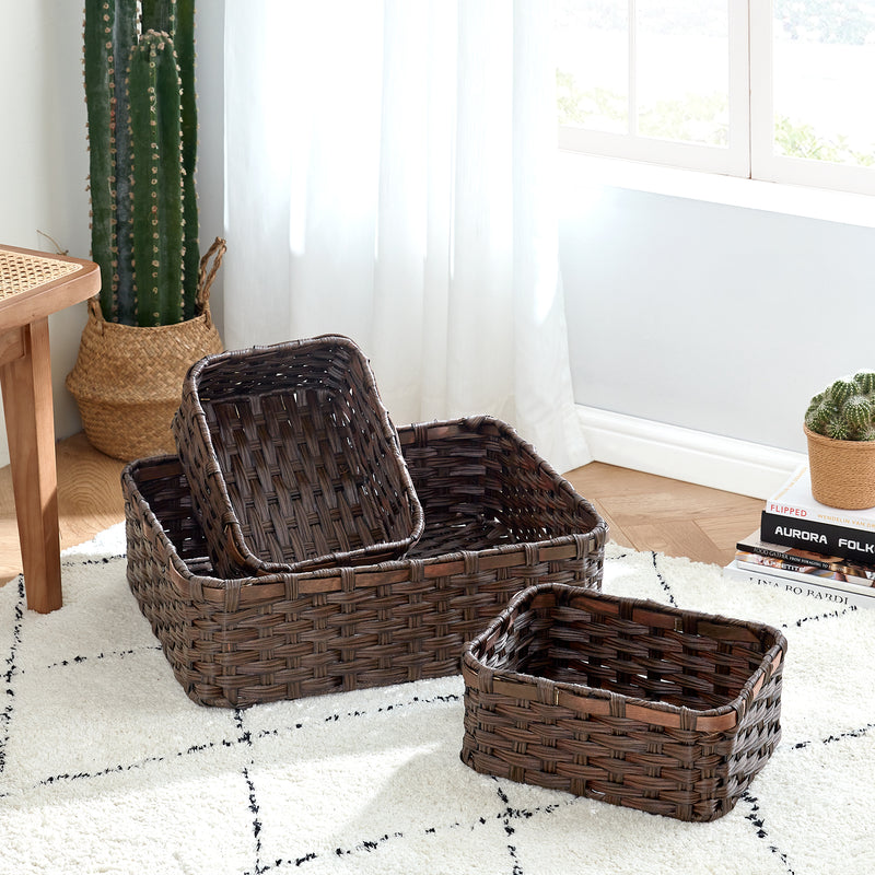 Home Outfitters S/3 Rect Faux Wicker Basket W/ Wood Top Edge, Brown
