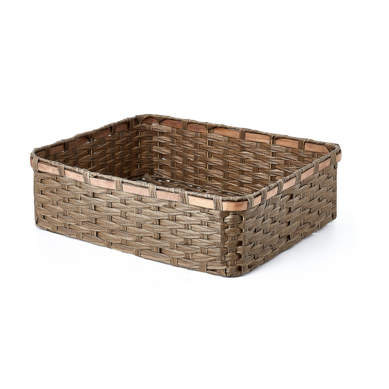 Home Outfitters S/3 Rect Faux Wicker Basket W/ Wood Top Edge, Tan